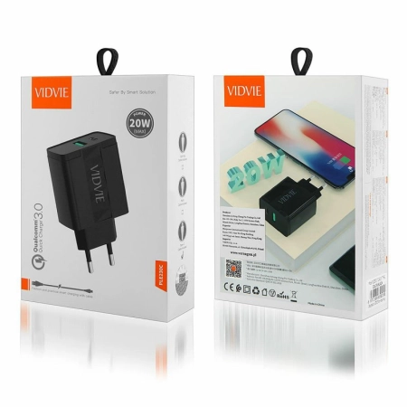 Ładowarka sieciowa USB-C PD 20W + 1xUSB 3.0 QC + kabel Typ C VIDVIE PLE230C czarna